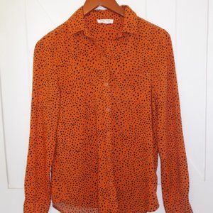 Beach Lunch Lounge Long Sleeve Button Up Collared Spotted Shirt Blouse Women's S